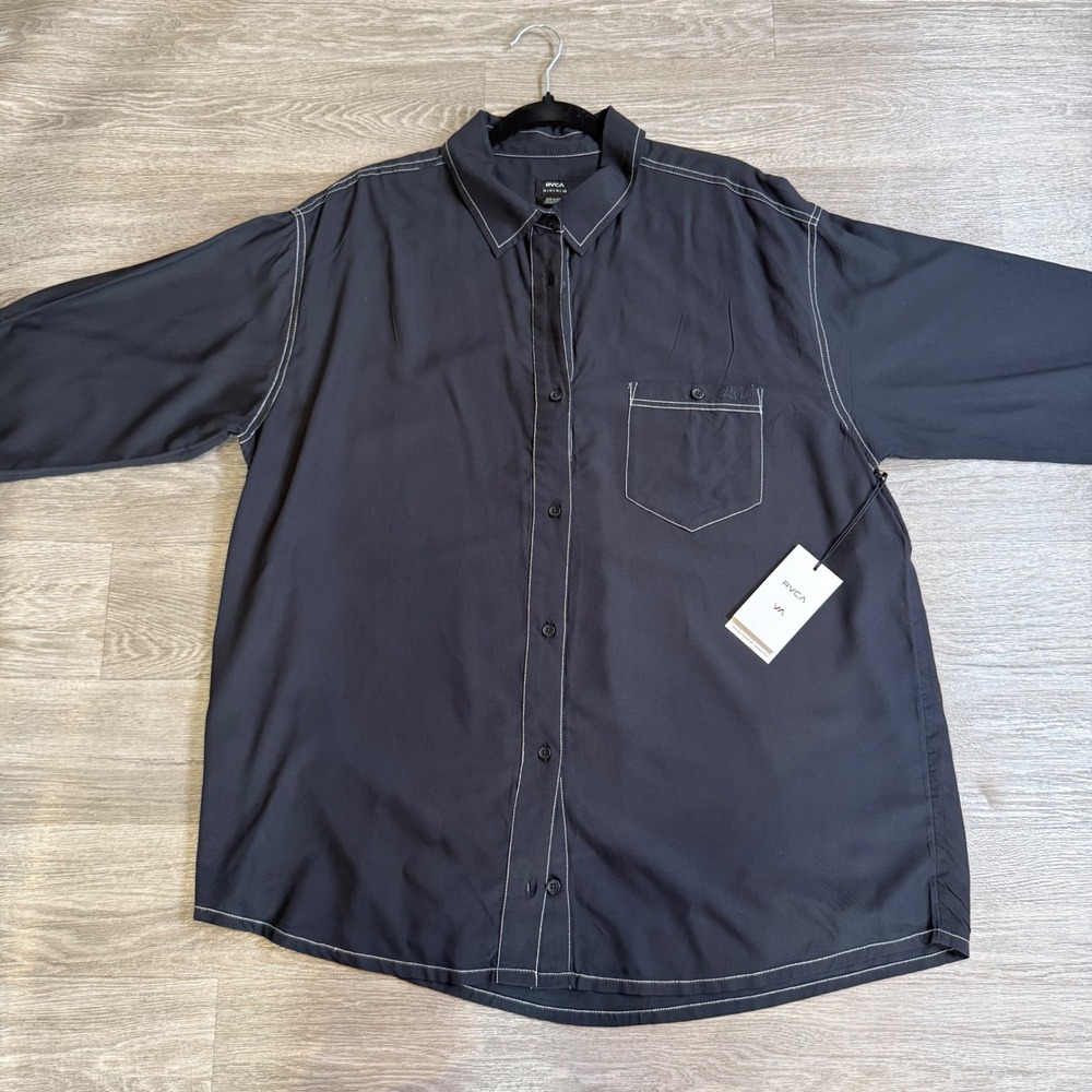 RVCA Mens Black Contrast Stitch Viscose Long Sleeve Button Shirt Size Medium